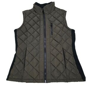 Andrew Marc Quilted Vest Women Size S Olive Green Zip Front Pockets Ribbed Sides